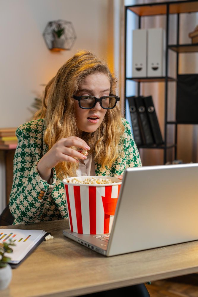 lady watch video popcorn