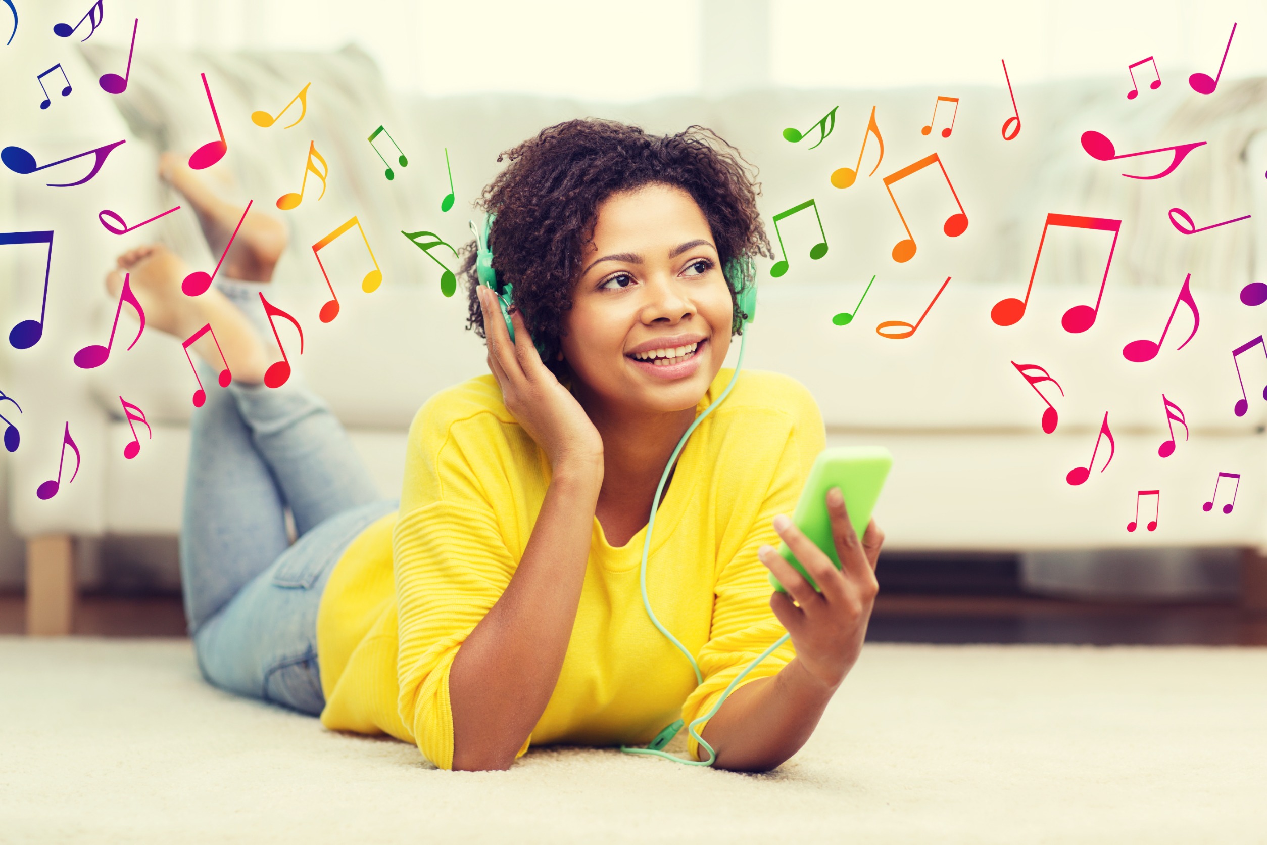 lady listening to music on headphones