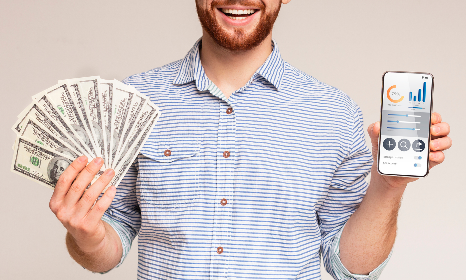 Man holding money and Phone. Business funding. Man holding money and Phone UHD. Apps and money.