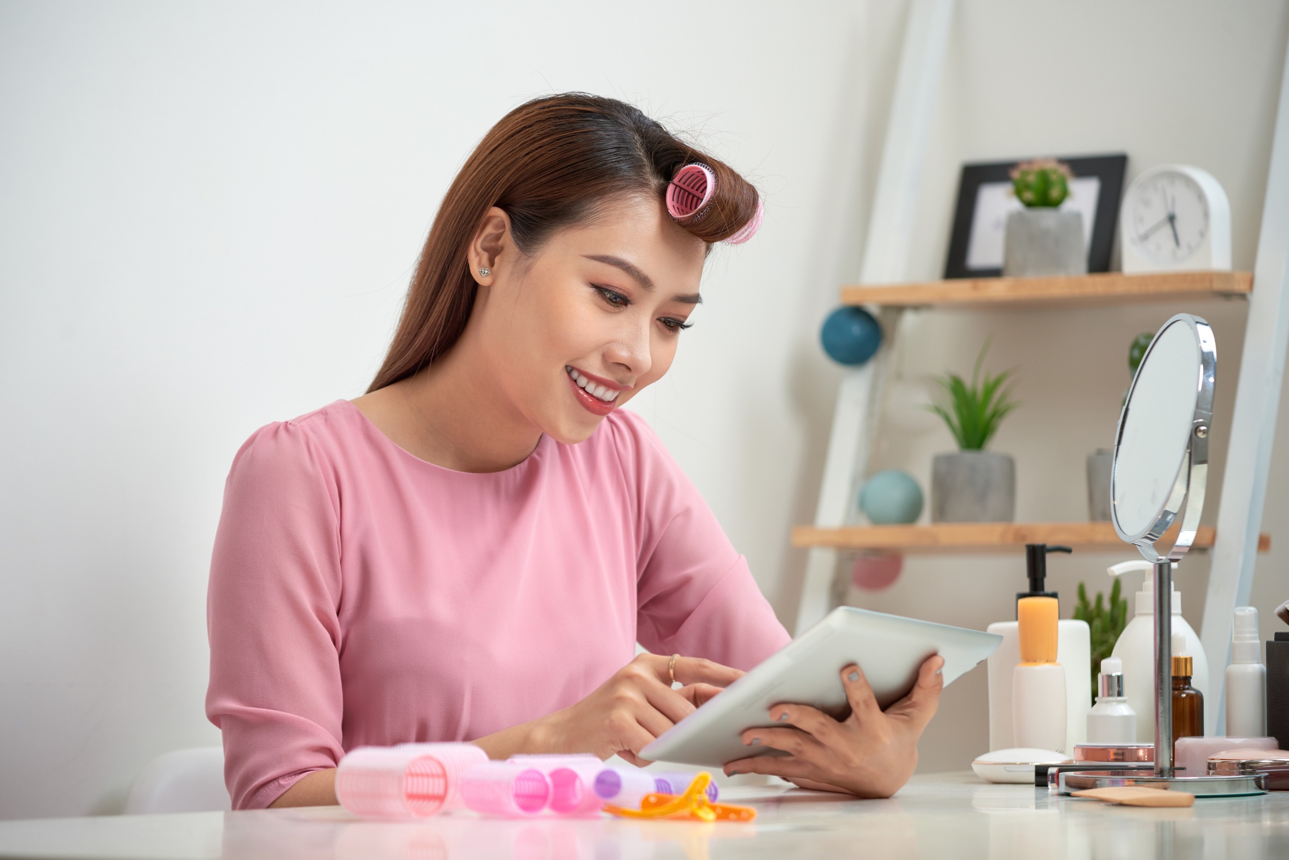 lady testing free products at home