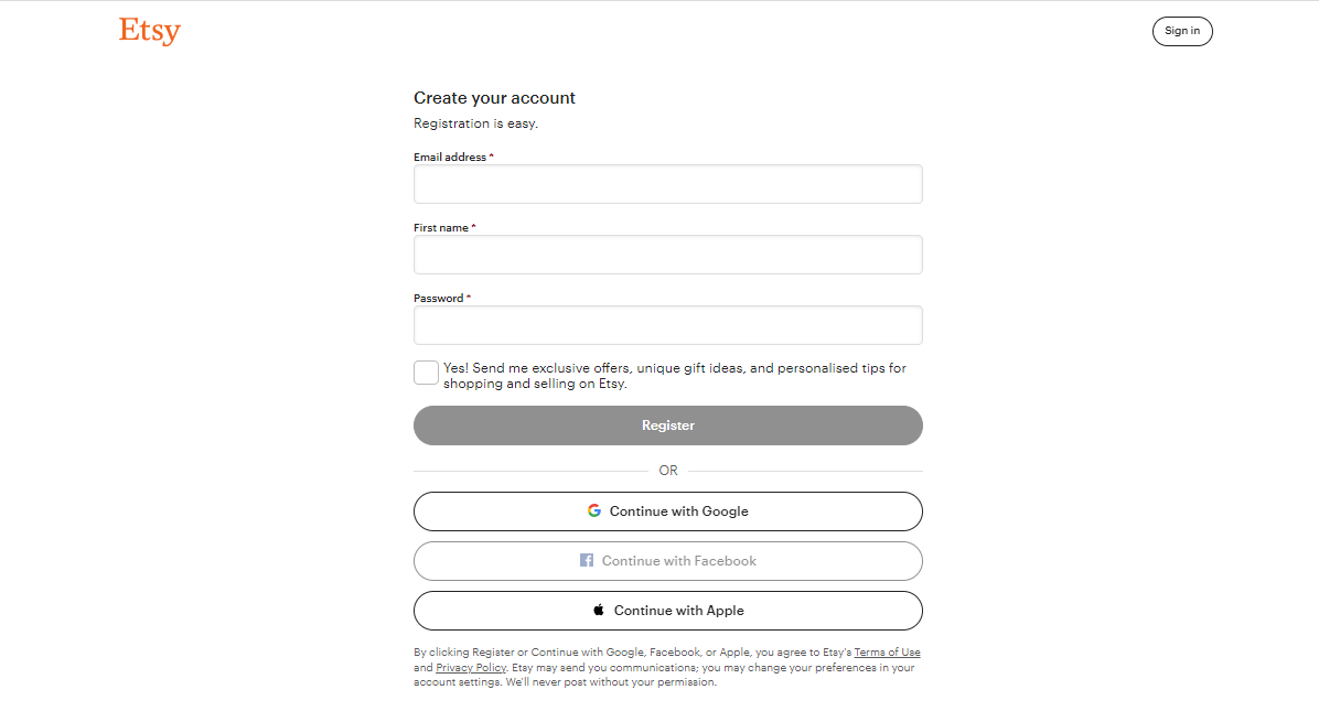 Etsy sign up page